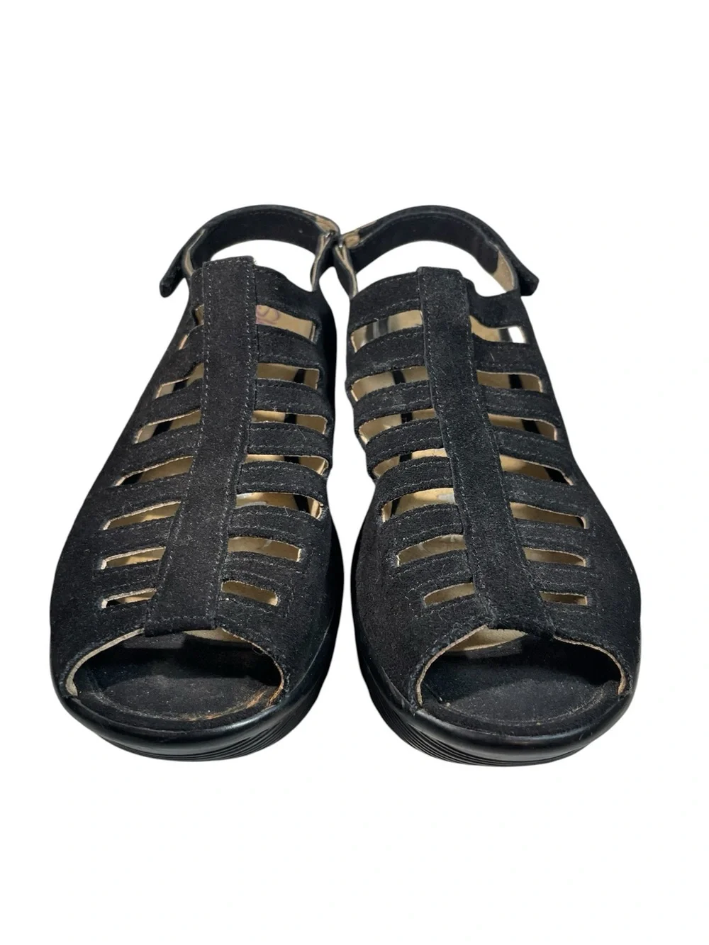 Skechers Black Suede Leather Cutout Strap Memory Foam Wedge Sandals Womens 9.5
